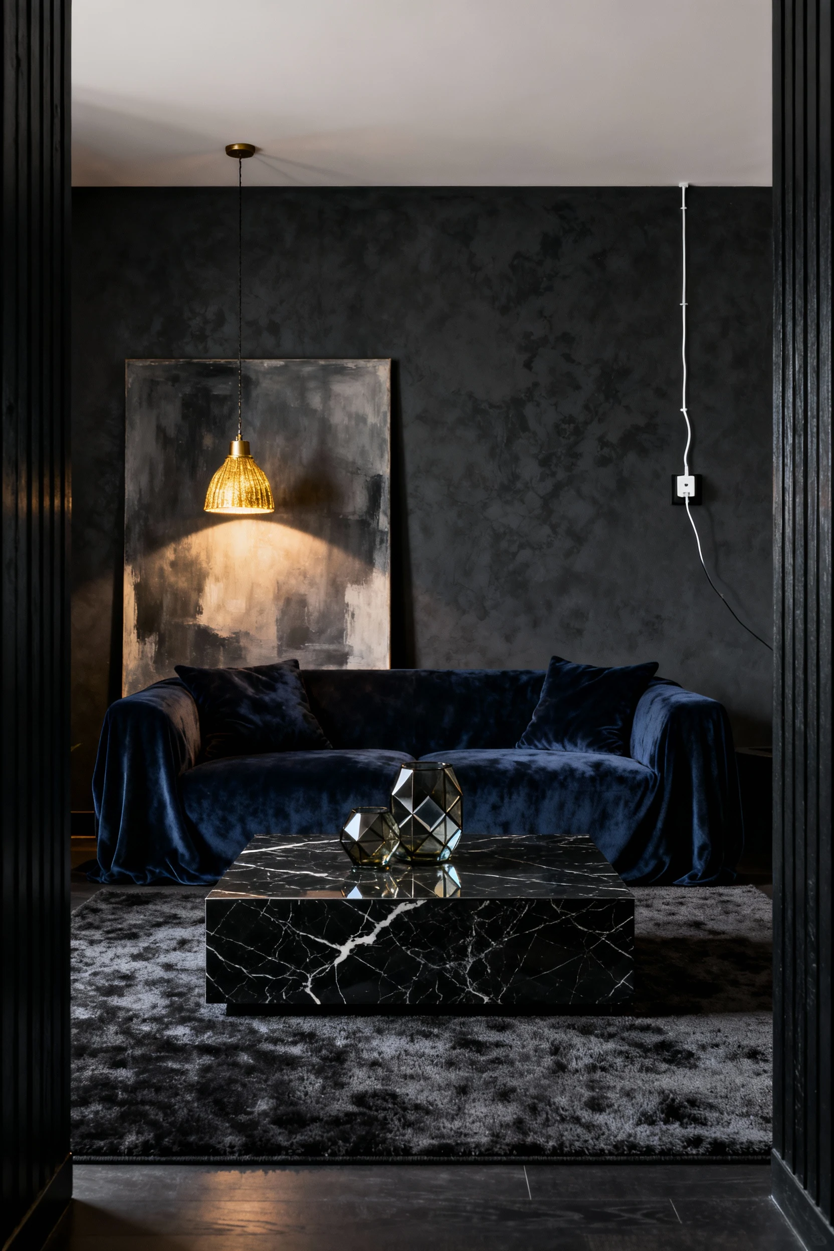 2. Medium straight-on shot, Dark Luxe Without Paint: navy slipcovered sofa with deep velvet textiles on a charcoal area