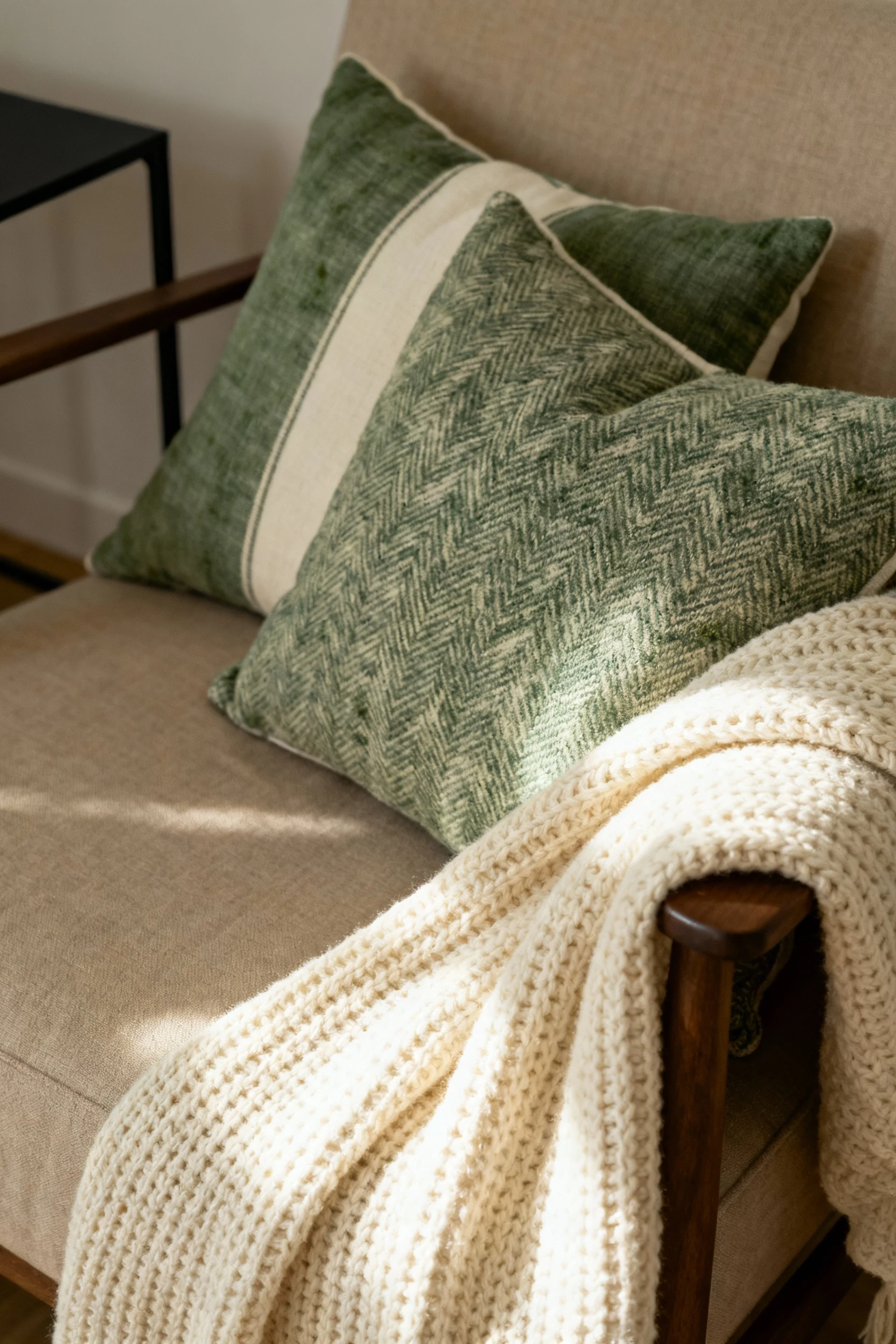 Closeup detail of textiles on a sofa: sage green and cream throw pillows with subtle herringbone and heathered textures