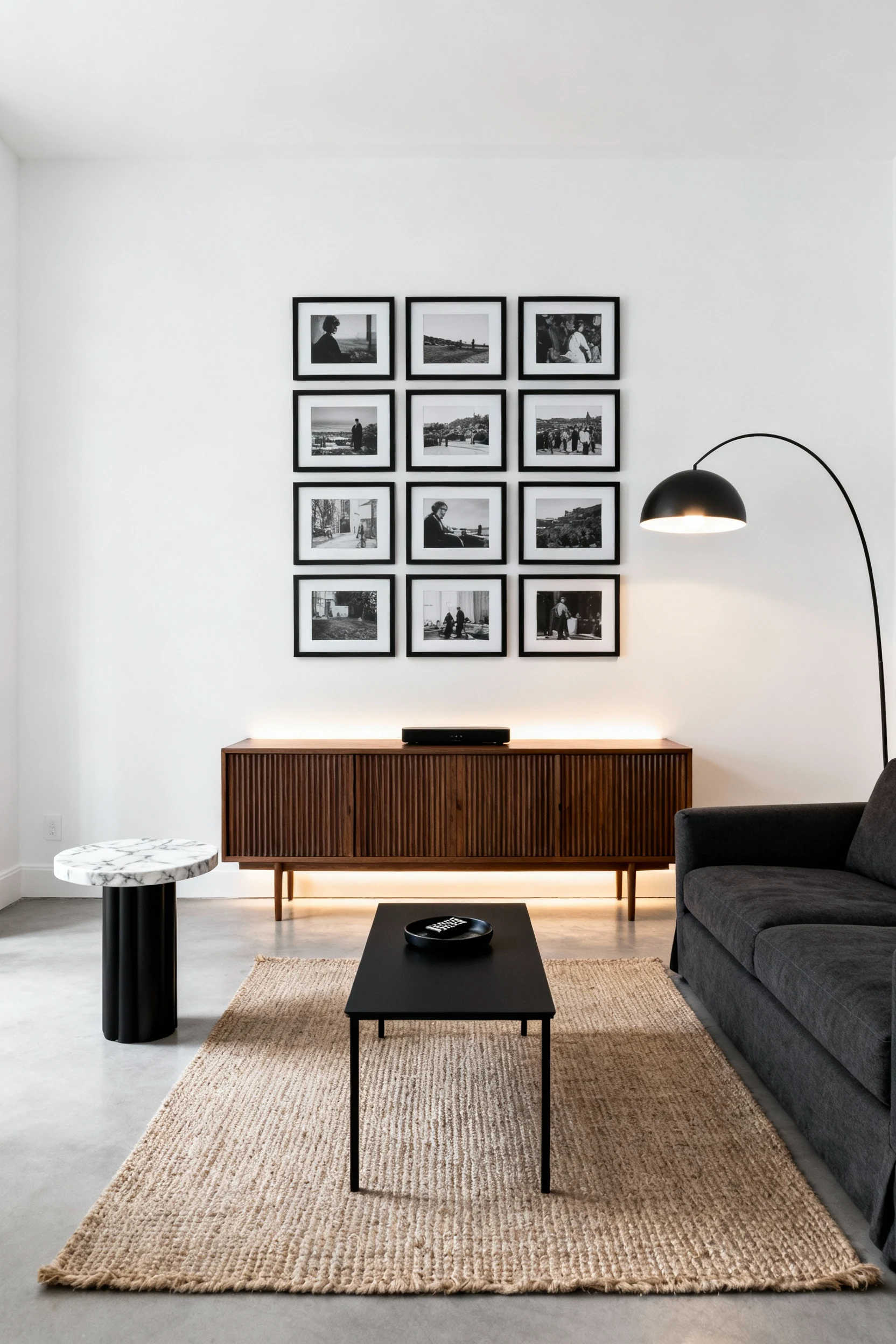 Photorealistic straight-on medium shot of a monochrome living room: crisp white walls, slim-armed charcoal sofa, fluted-