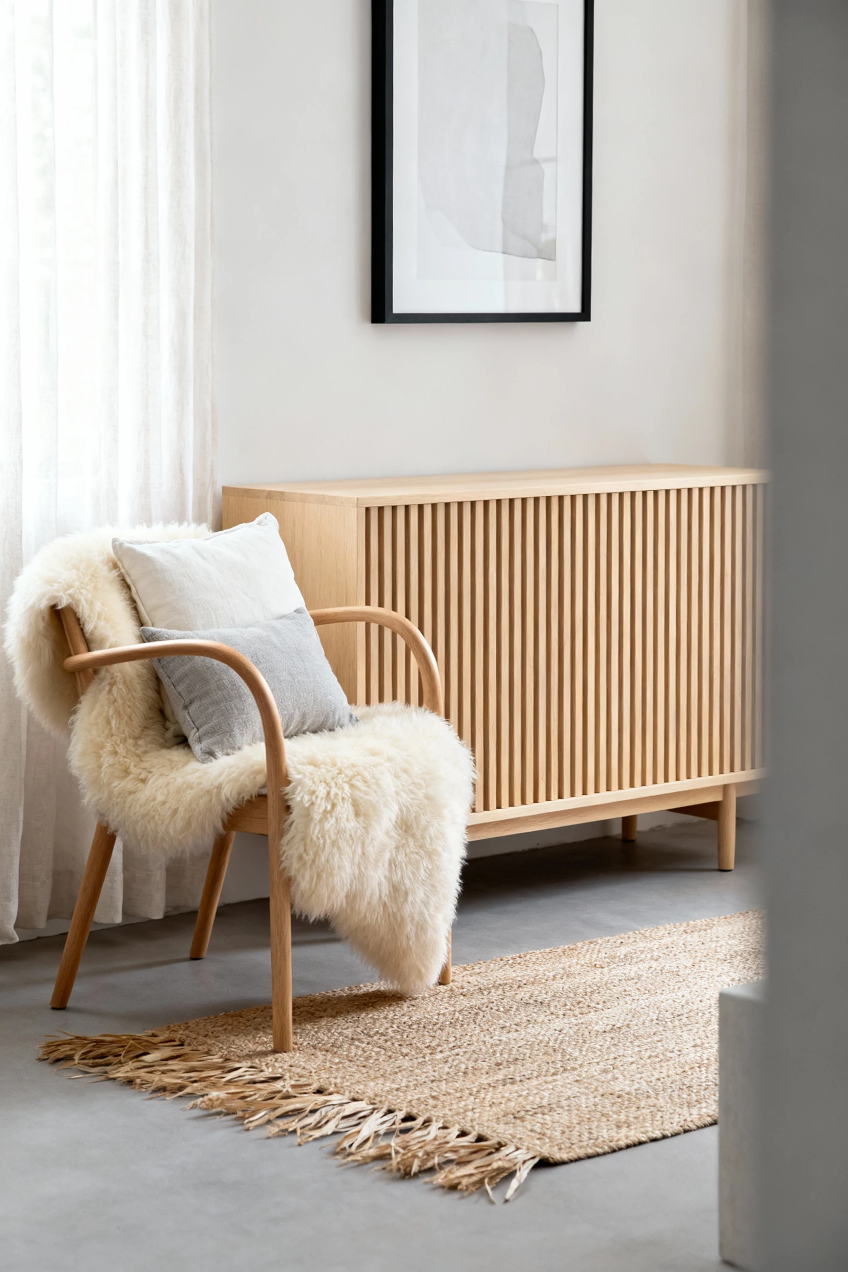 2. Medium straight-on shot of a Scandinavian vignette: blonde wood slatted media console, a bentwood dining chair draped