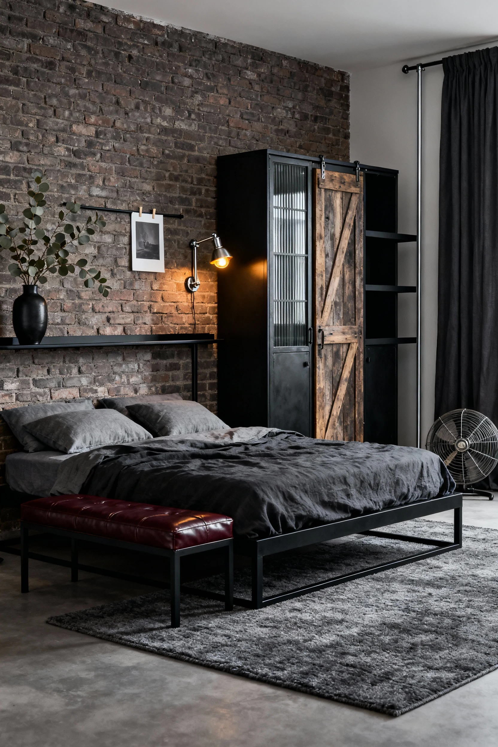2. Medium straight-on shot of a moody charcoal bedroom: exposed brick headboard wall behind a low black steel-framed pla