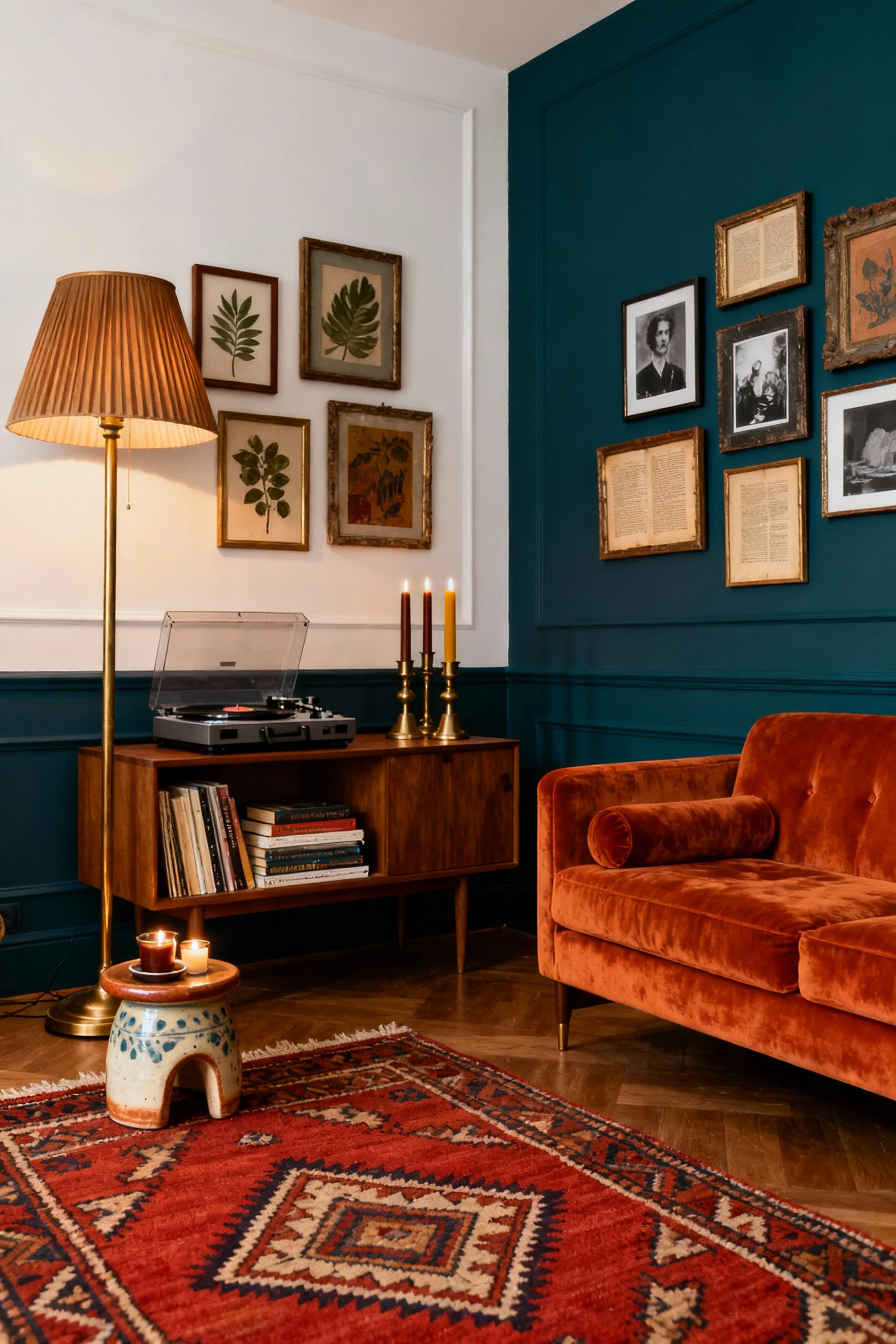 Medium straight-on shot of a moody vintage boho reading den: deep teal or inky indigo accent wall with warm off-white; b