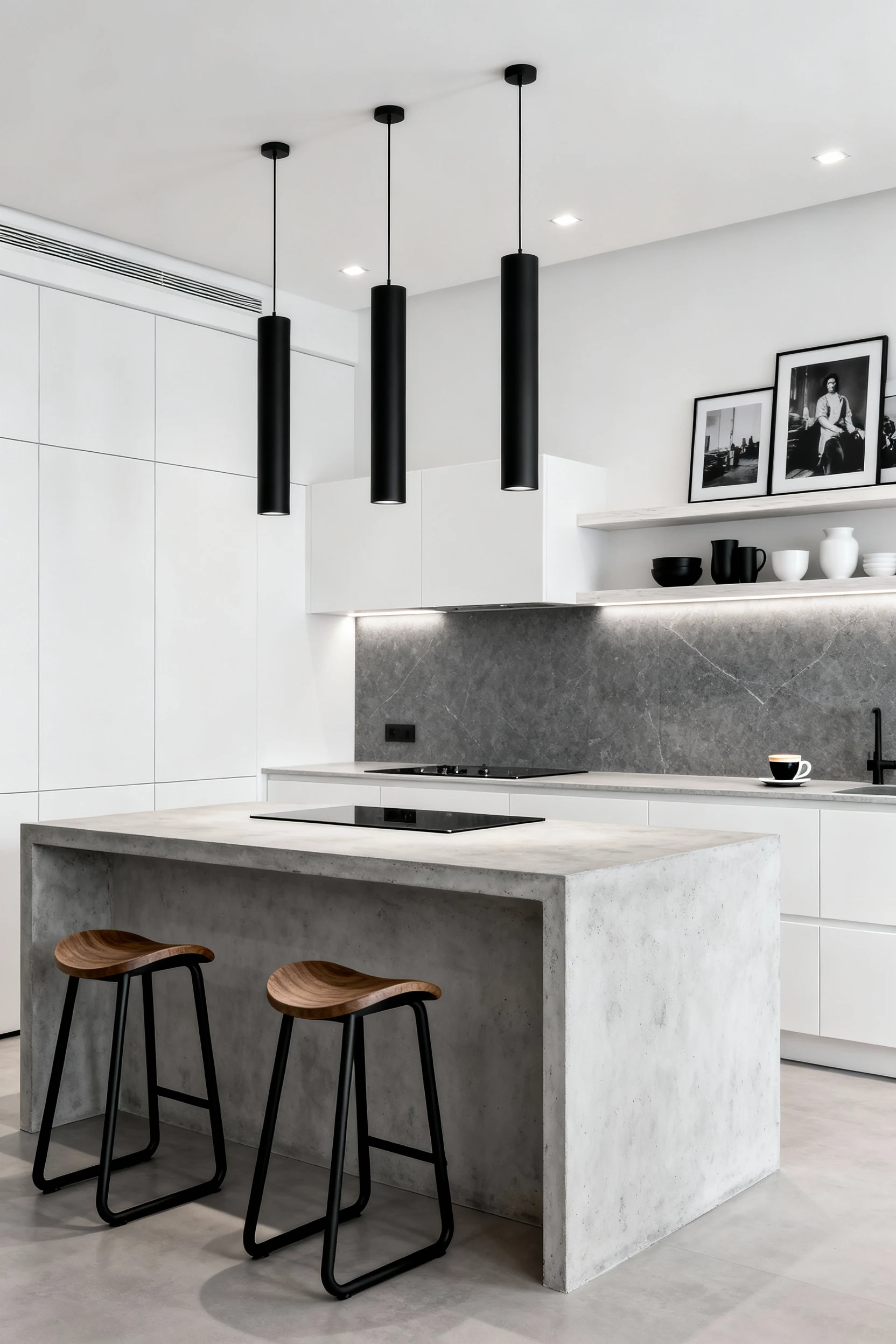 Photorealistic straight-on medium shot of a monochrome gallery kitchen: super-matte white flat-panel handleless cabinetr