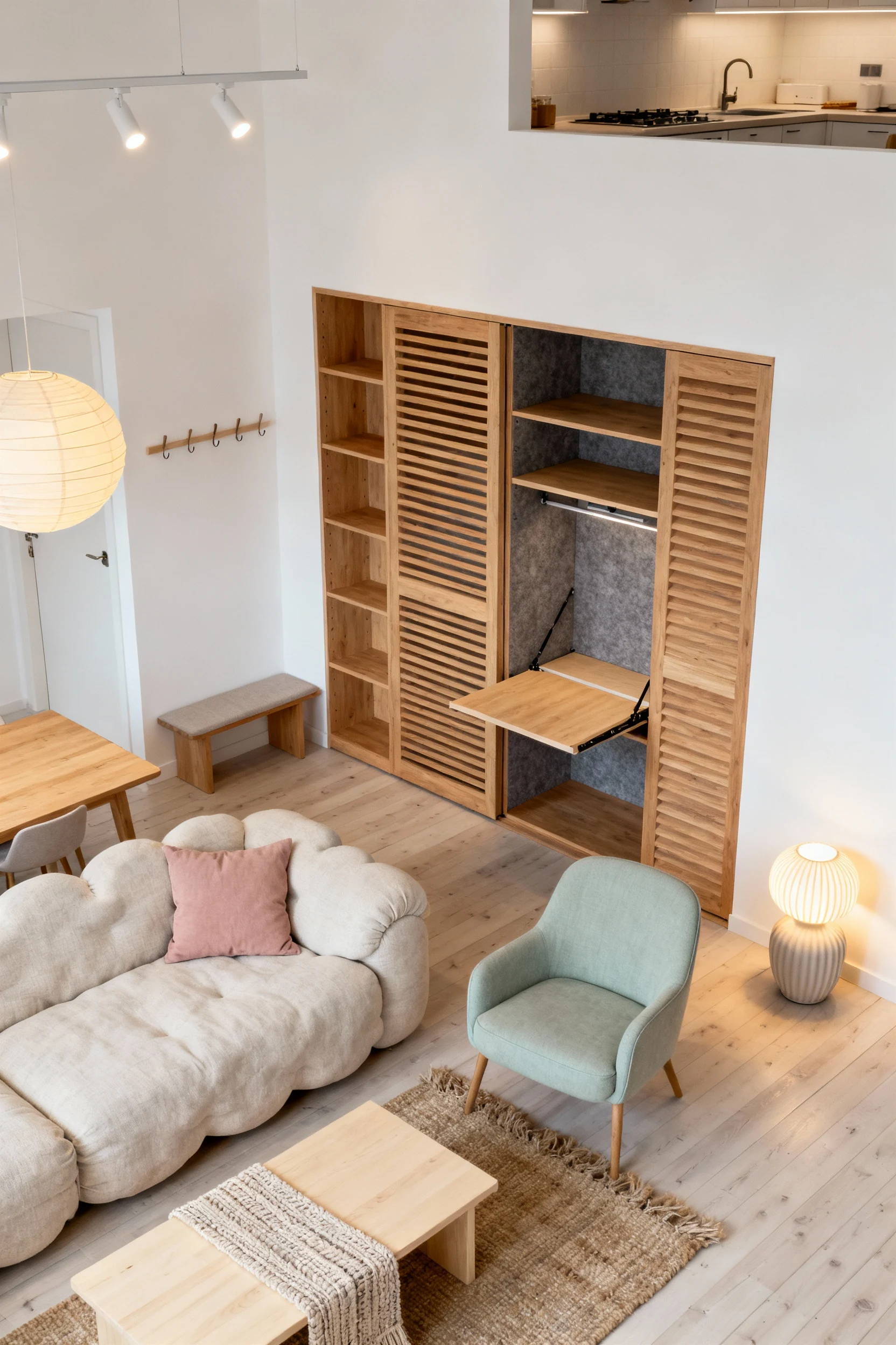 Photorealistic overhead medium-wide shot from a corner, showcasing a double-sided slatted oak storage spine dividing a S