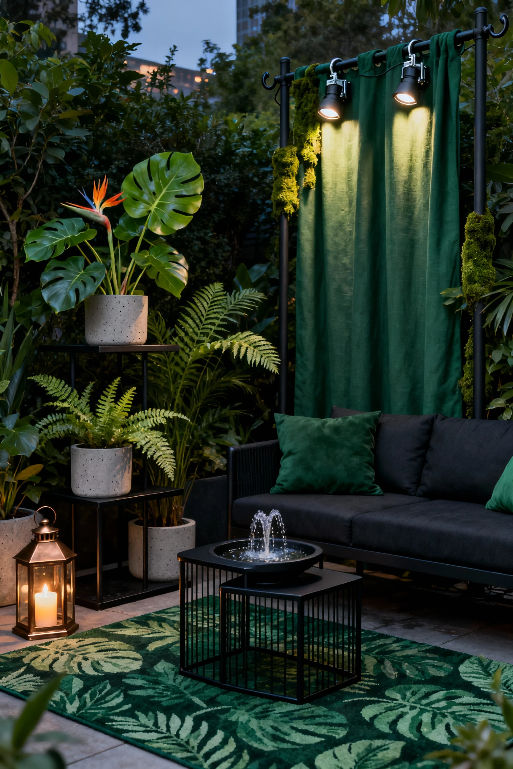 Photorealistic medium straight-on shot of an urban jungle lounge: deep-green botanical-pattern outdoor rug, charcoal lov