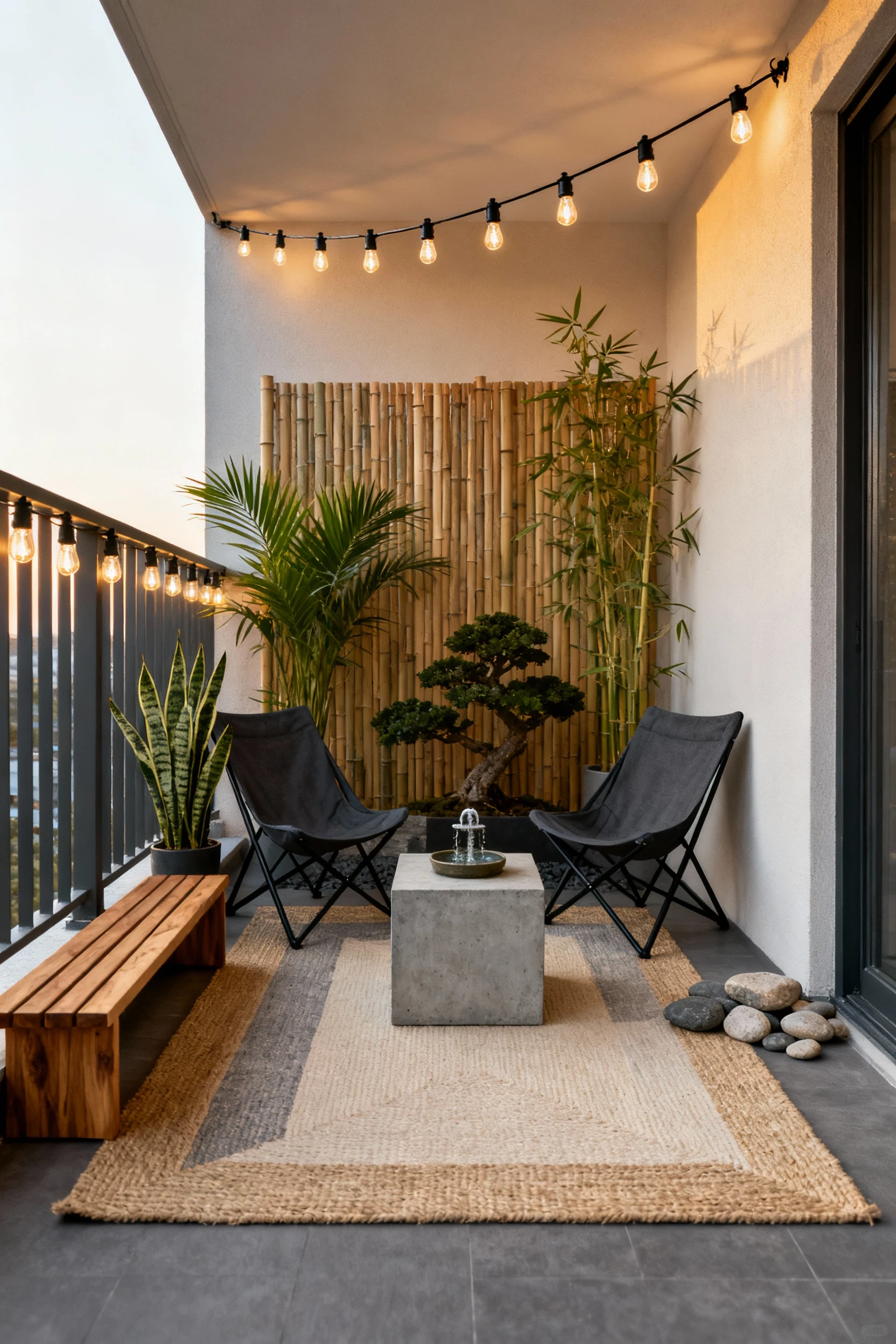 Wide straight-on symmetrical shot of a minimal zen balcony: jute-look outdoor rug in sand/stone, low-profile acacia benc