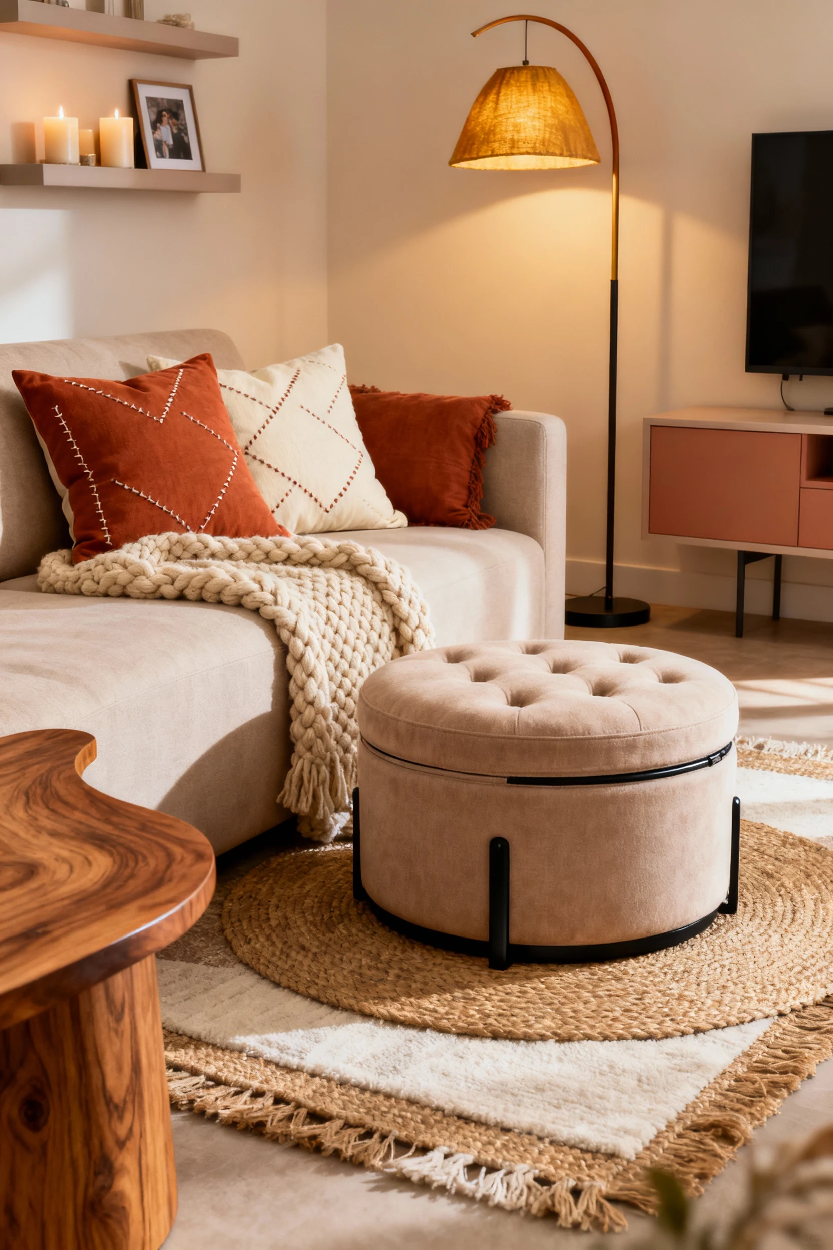 Photorealistic closeup detail at the corner of an L-shaped sectional: terracotta and cream pillows, chunky knit throw, a