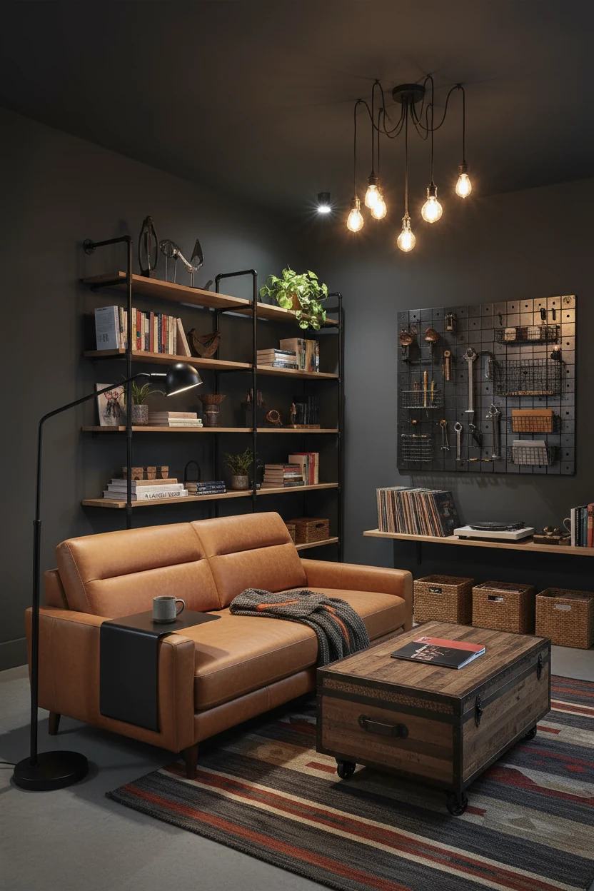 Medium corner shot of an urban industrial lounge with charcoal walls and a slim cognac leather sleeper sofa; narrow matt