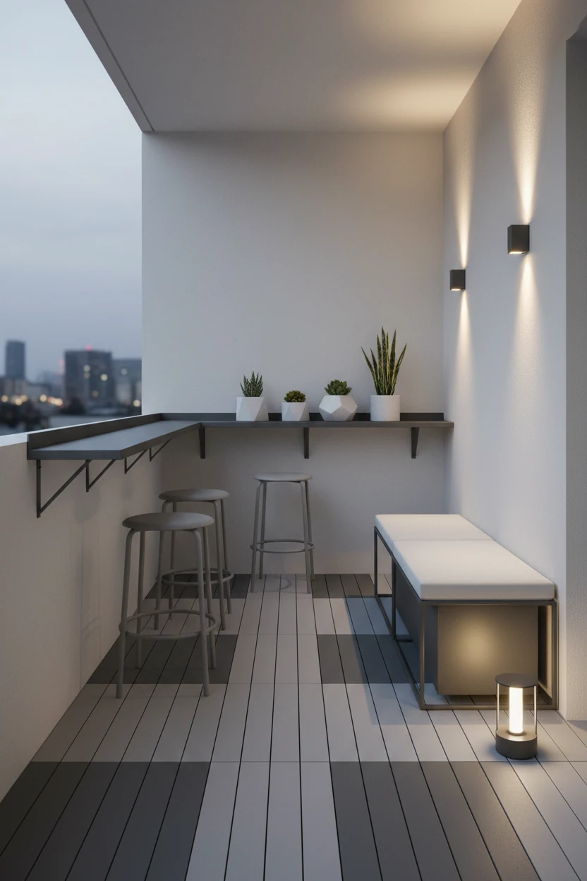 2. Straight-on wide shot of a Minimalist Café Balcony: slim wall-mounted rail bar along the edge with two backless powde