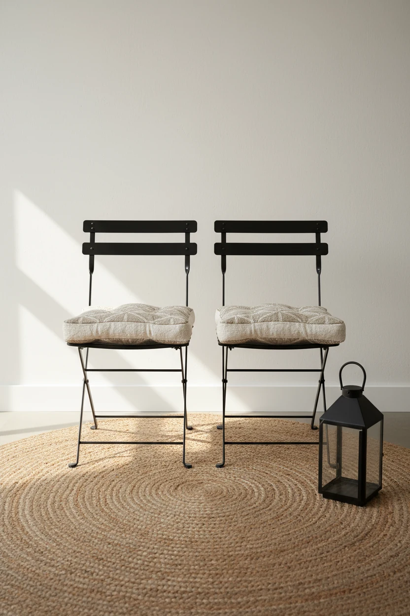Photorealistic straight-on medium shot: two black folding chairs on a woven natural-fiber rug with neutral cushions, a s