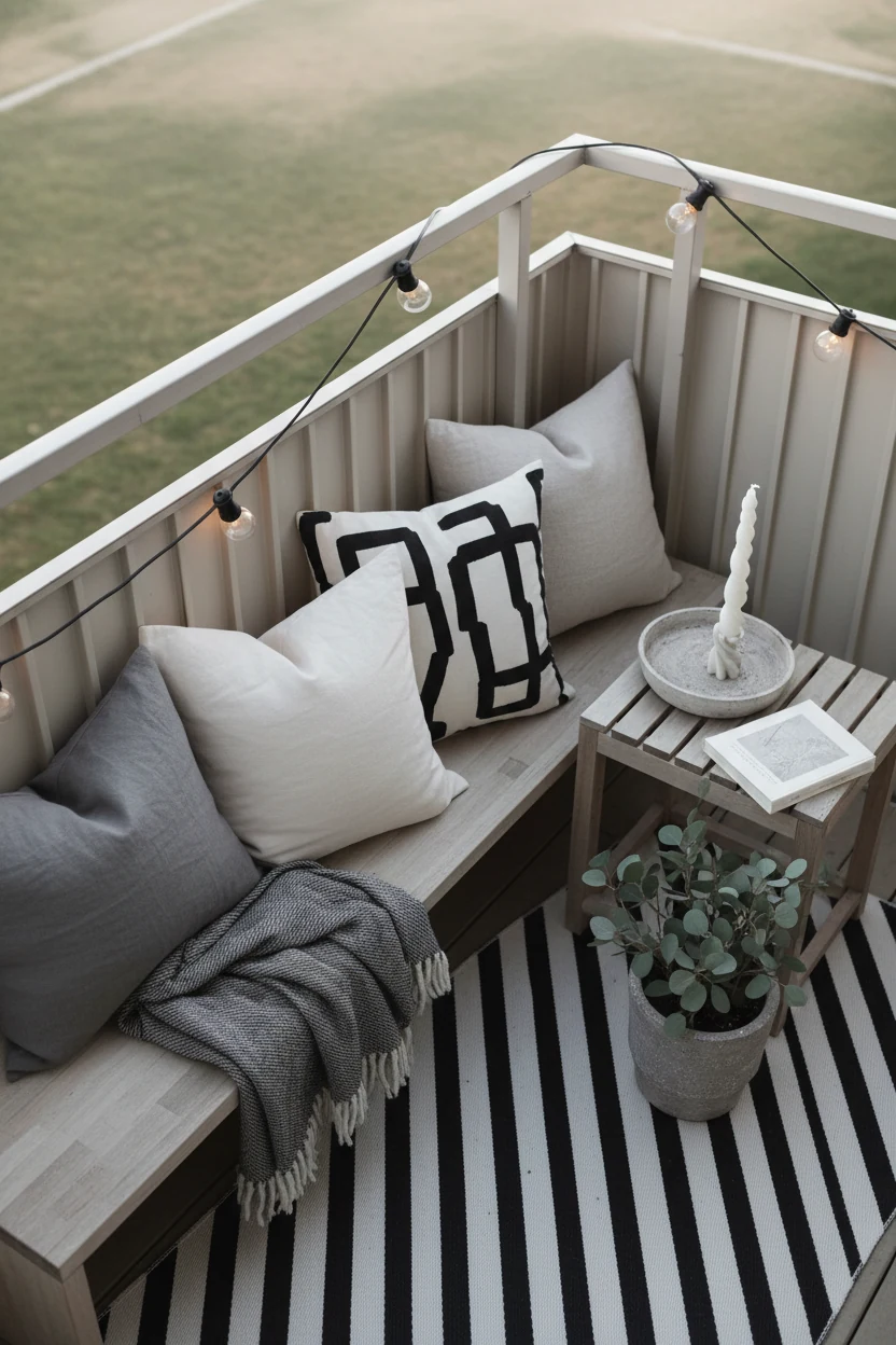 2. Photorealistic overhead detail shot of a Scandinavian balcony: black-and-white striped outdoor rug anchoring a slim p