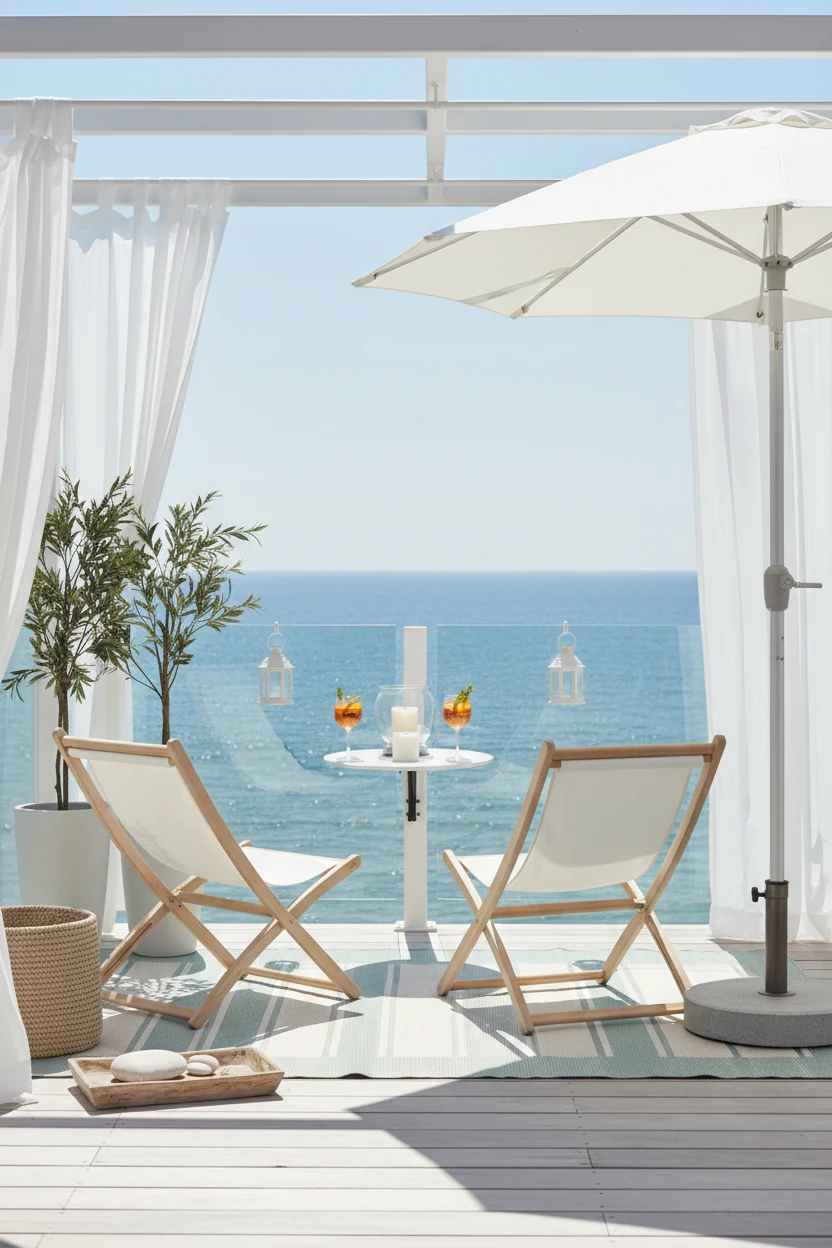 2. Medium straight‑on, photorealistic coastal minimal lounge: washable low‑pile striped outdoor rug, collapsible white‑c