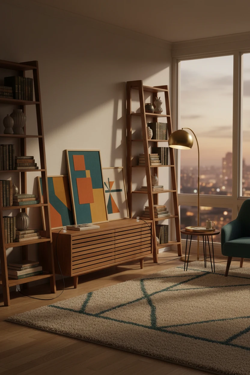 2. Medium corner-angle living room scene with retro mid-century vibes in warm walnut and deep teal accents; a low media 