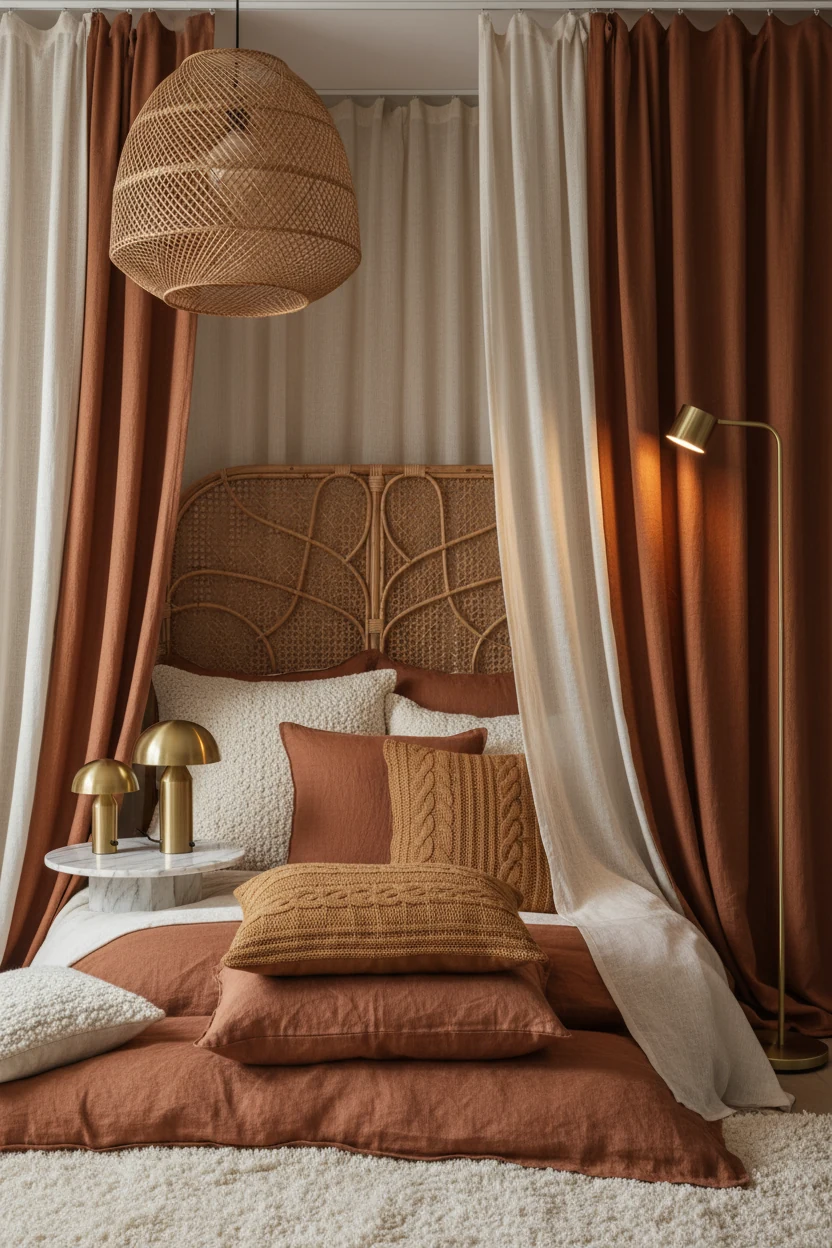 2. Closeup detail of ceiling-track linen curtains softly enclosing a rattan headboard and textured throw pillows; warm t