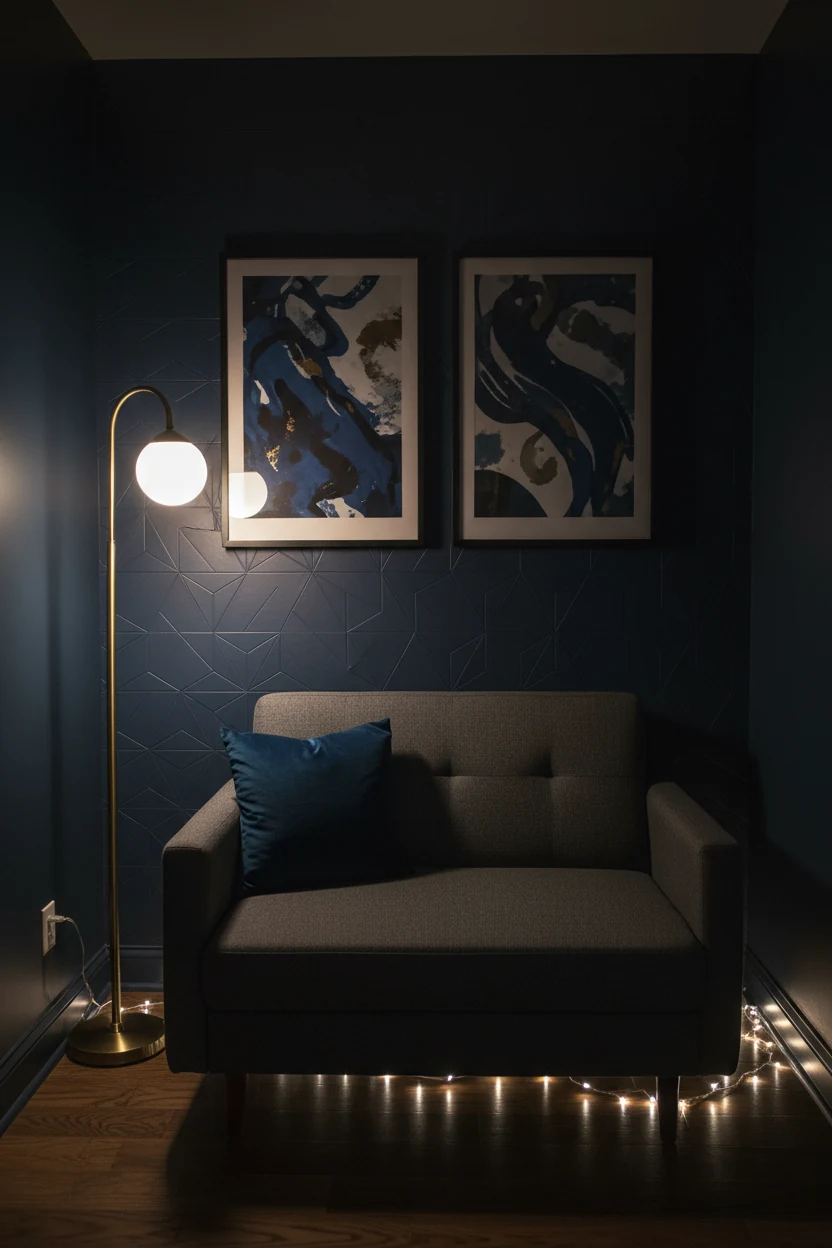 Photorealistic medium corner shot of a moody midnight micro-lounge: deep navy peel-and-stick accent panel behind compact