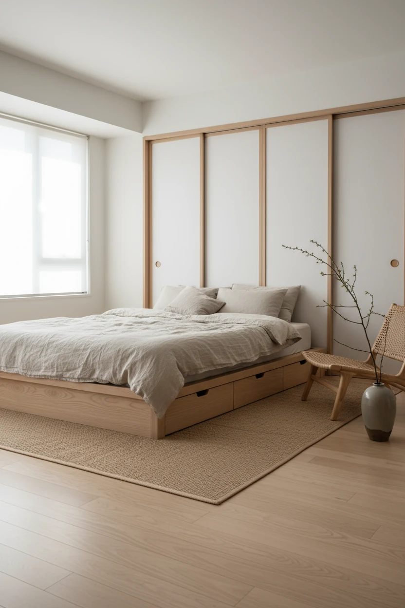 Photorealistic medium corner-angle shot of a Japandi studio sanctuary: low ash-wood platform bed doubling as a daybed wi