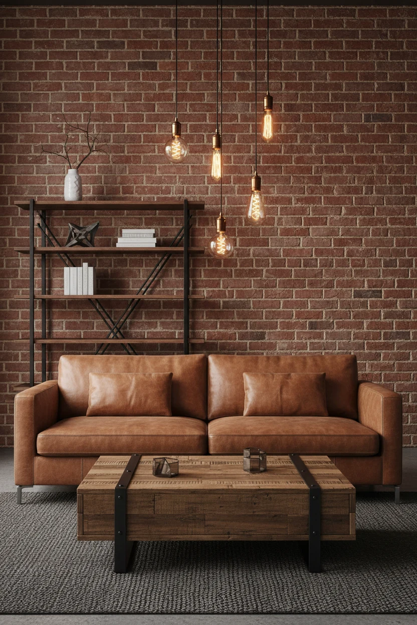 Medium shot of an industrial chic living space featuring exposed brick walls, matte black steel shelving with minimal ac
