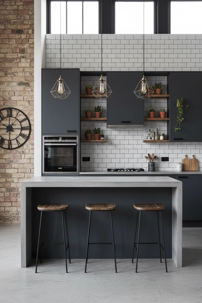 Medium shot of an industrial loft-inspired kitchen with deep matte charcoal cabinets, matte black hardware, open reclaim