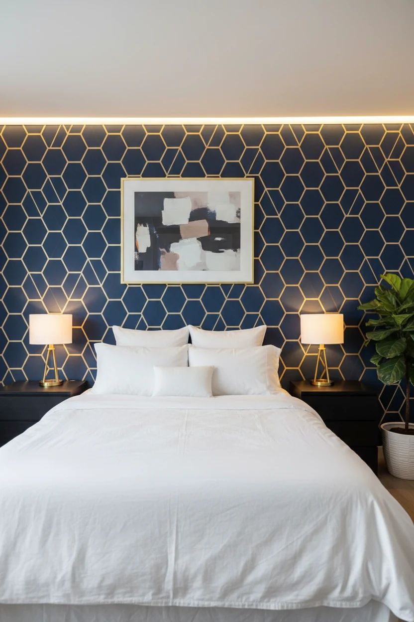 Medium shot of a bedroom wall covered in a navy-and-gold peel-and-stick geometric pattern behind a neatly made bed with 