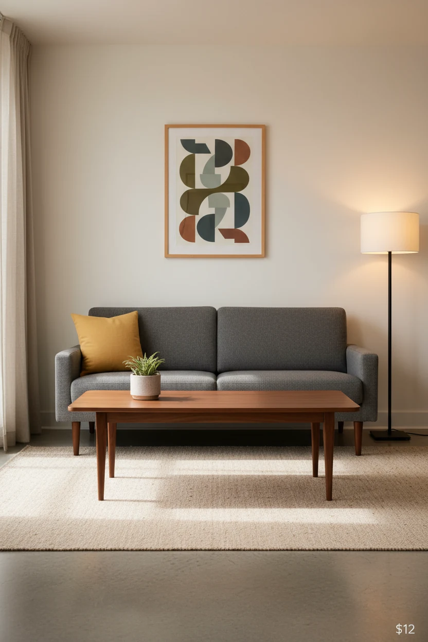 Medium shot from eye level of a mid-century minimalist lounge featuring a slim wooden coffee table, compact sofa with cl