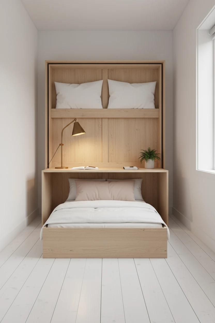 Medium shot of a Scandinavian-style bedroom with white-washed wooden floors, a cozy wooden platform bed folded up into t