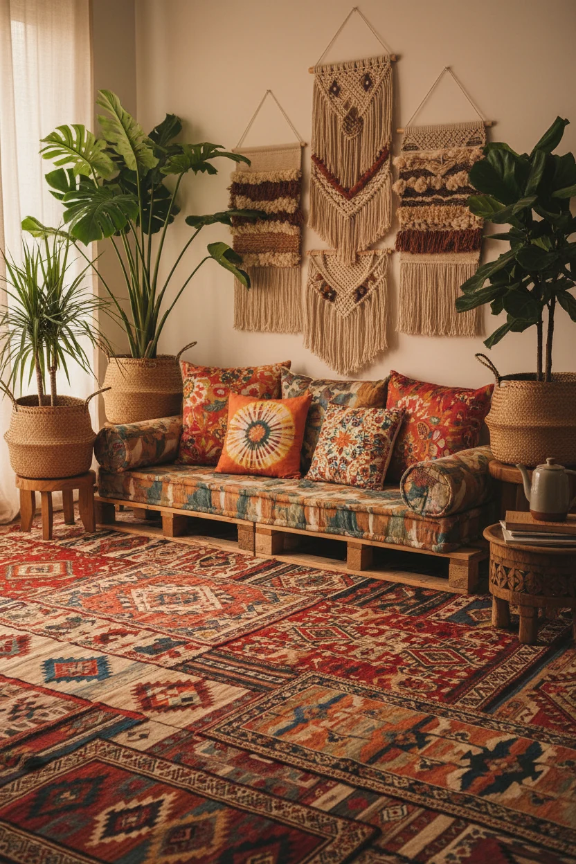 Medium shot of a bohemian-style apartment corner layered with overlapping Kilim rugs, tall leafy plants in woven baskets