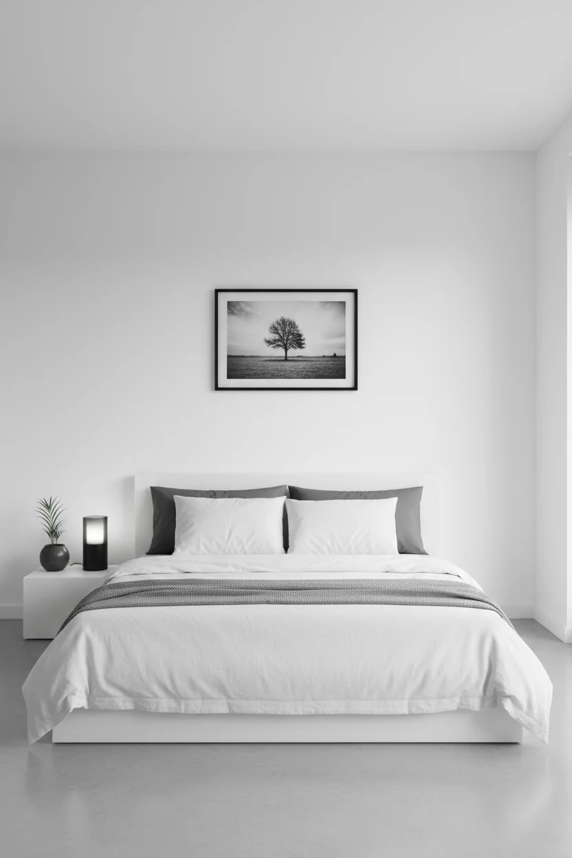 A wide, straight-on view of a minimalist monochrome bedroom with crisp white bedding, cool gray accents, and solid monoc