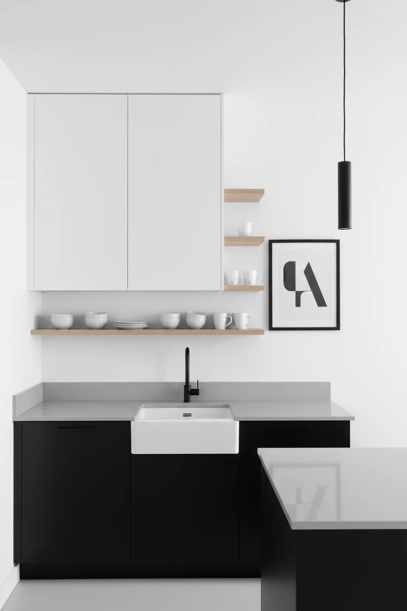 Medium shot of a monochrome minimalist kitchen with matte black lower cabinets, crisp white upper cabinets, and open she