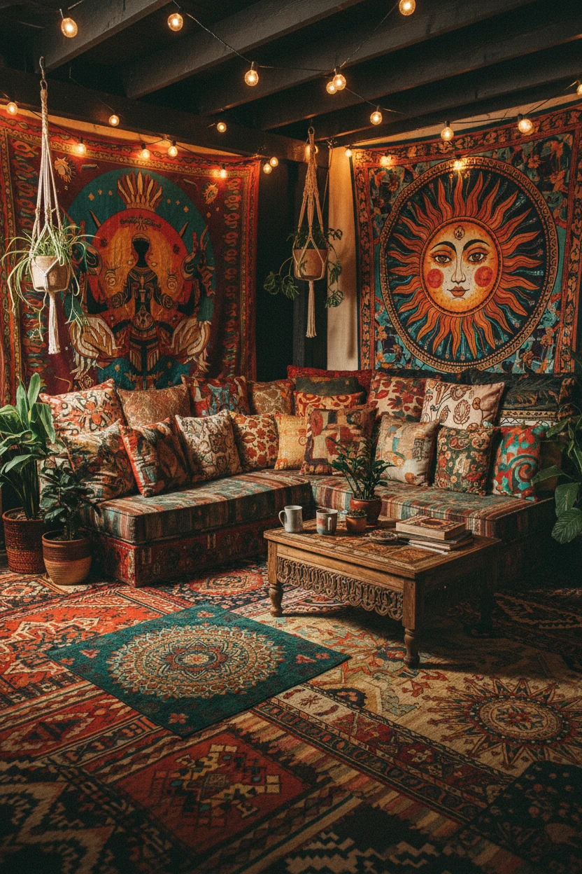 Medium shot of a bold bohemian retreat featuring layered patterned rugs in vibrant colors, a low couch covered in mismat