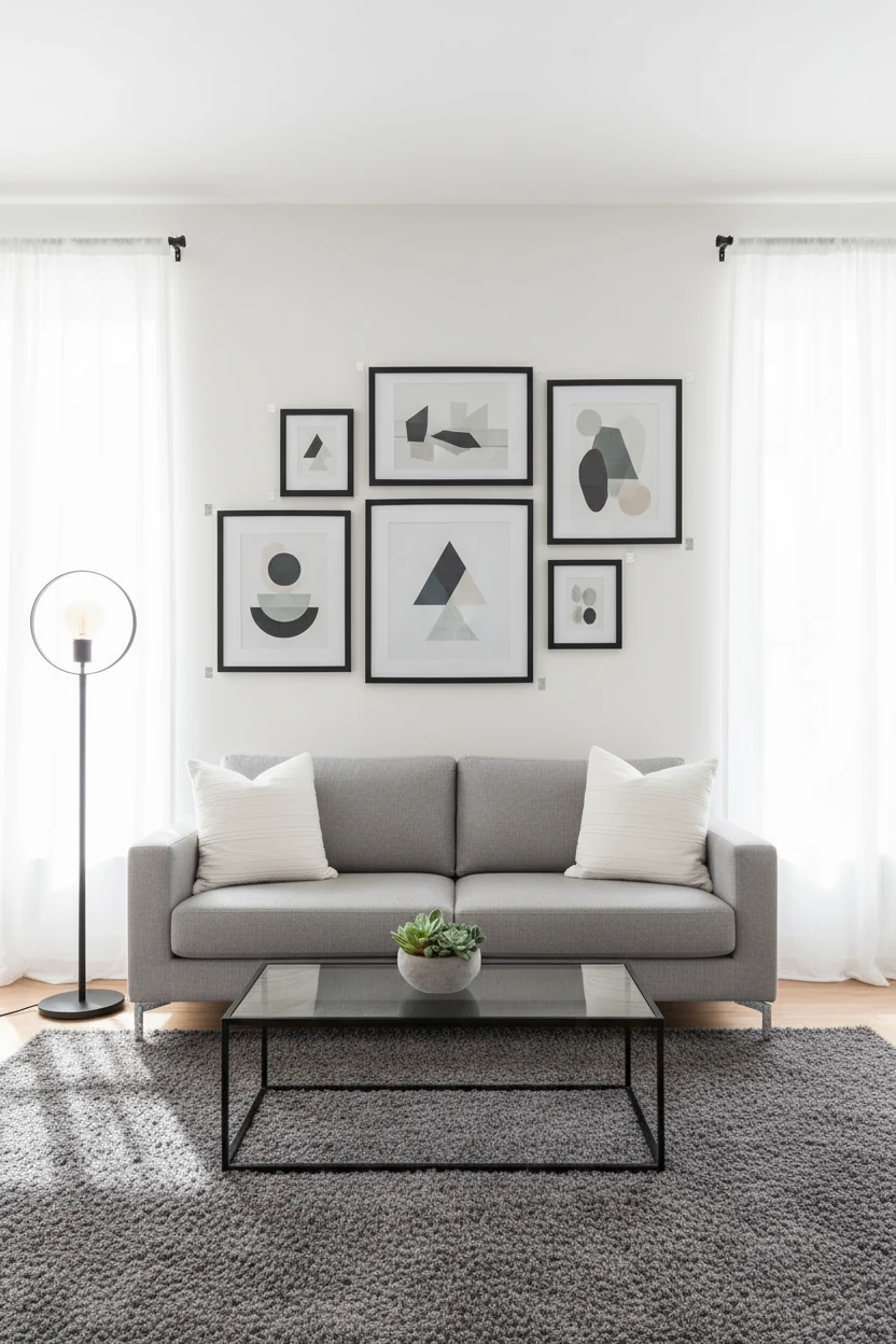 Straight-on medium shot of a minimalist bright white living room featuring a Command strip-mounted floating art gallery 