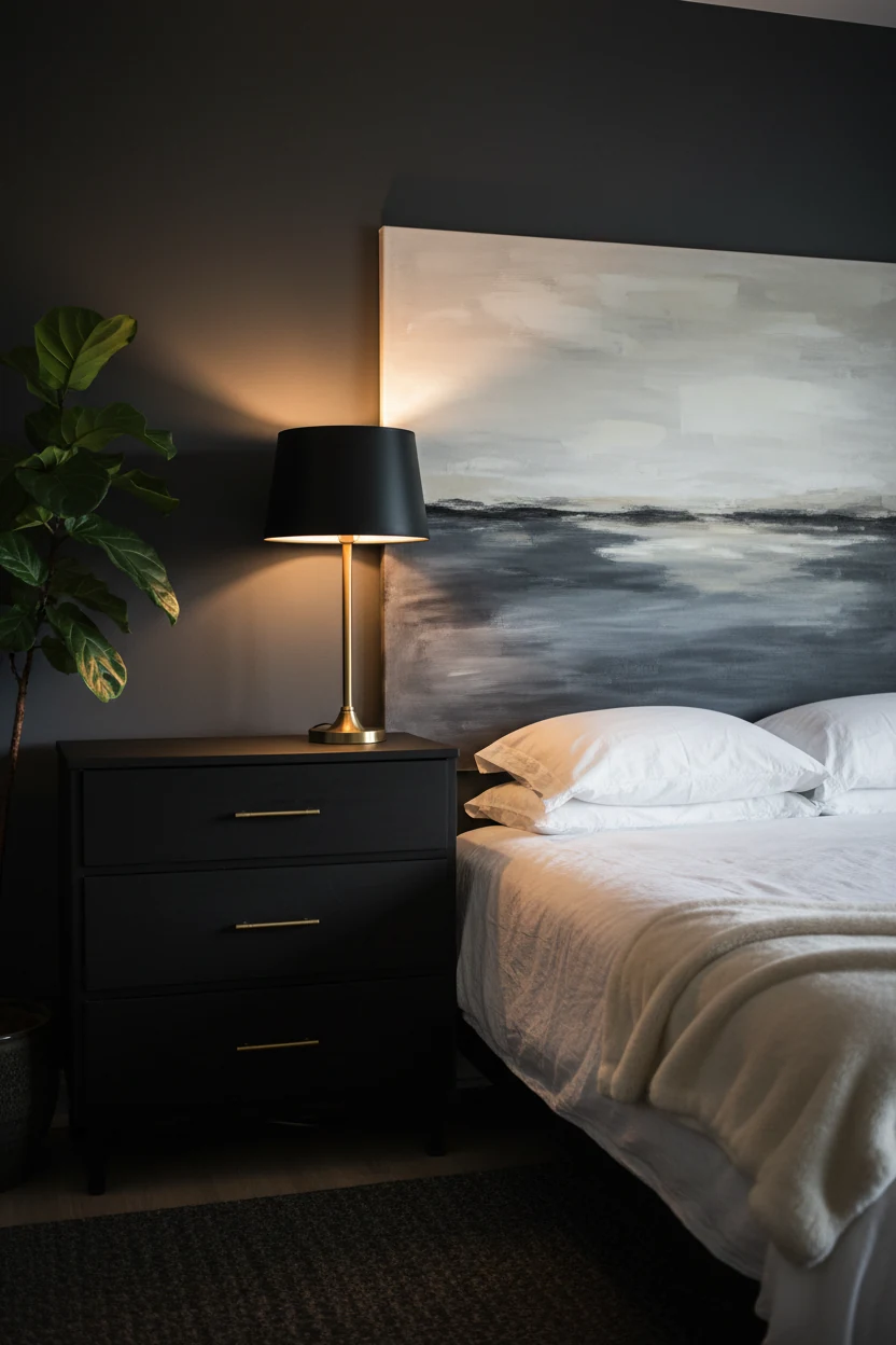 Medium shot of a moody modern bedroom corner with deep charcoal-painted walls, matte-black thrifted dresser with sleek b