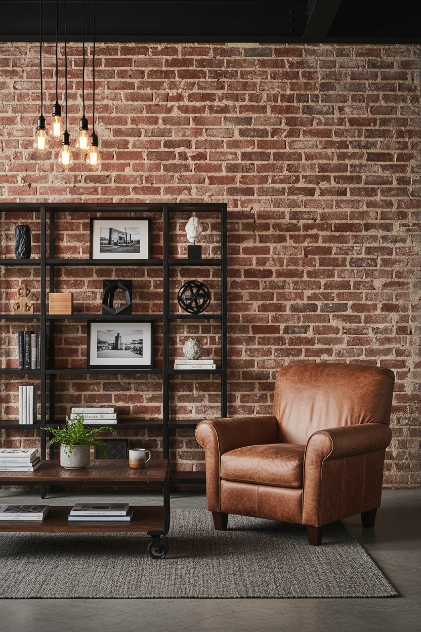 Medium shot of an urban industrial loft seating area featuring exposed brick walls, matte black metal shelving, a distre