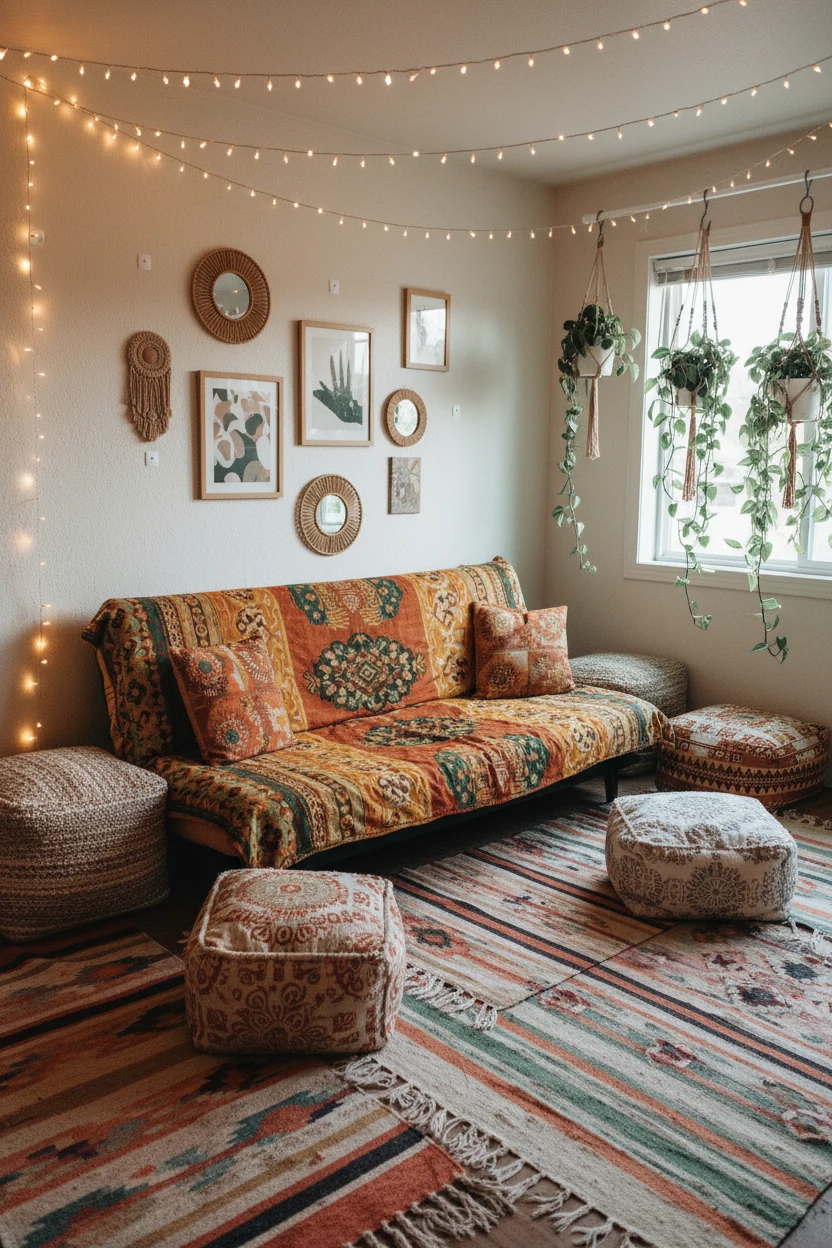 Medium shot of a boho lounge area with a cushy futon draped in layered patterned throws in terracotta, golden yellow, an