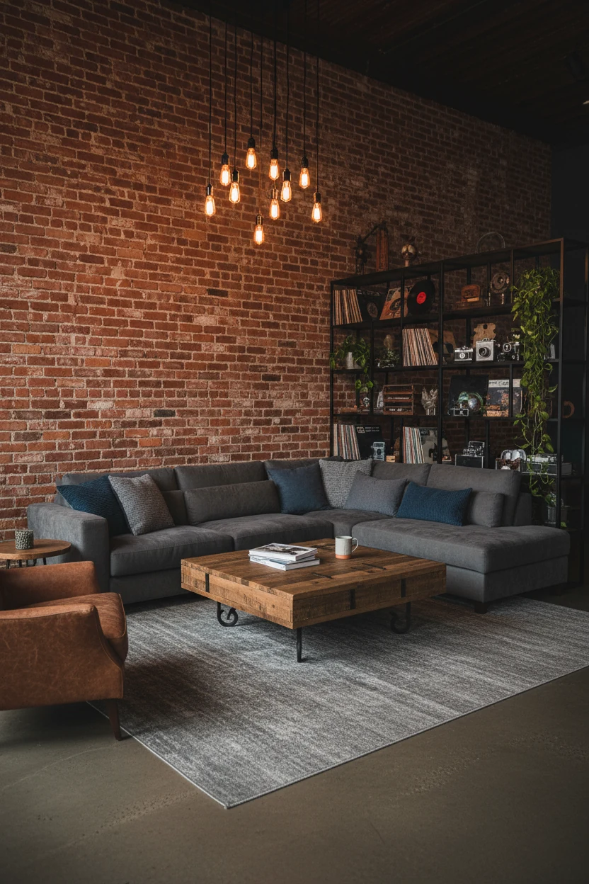 Medium shot from corner perspective of an urban industrial studio lounge area, exposed brick wall backdrop, charcoal sec