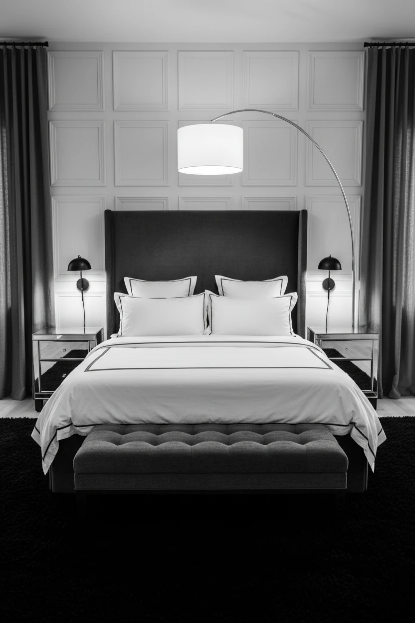 Photorealistic medium straight-on composition of an Old Hollywood black-and-white glam bedroom: a deep charcoal tall vel