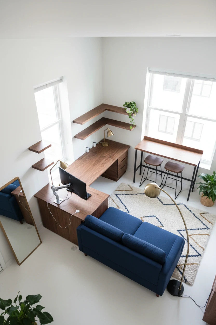 Photorealistic overhead layout shot of a bright L-shaped live-study studio with white walls, navy textiles, and walnut a
