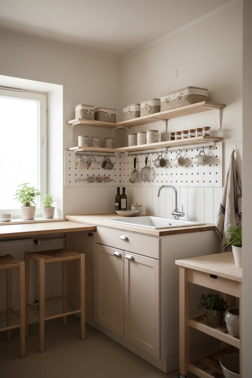 Photorealistic medium corner shot, Scandinavian compact kitchen: warm white walls, pale birch fronts with matte nickel p