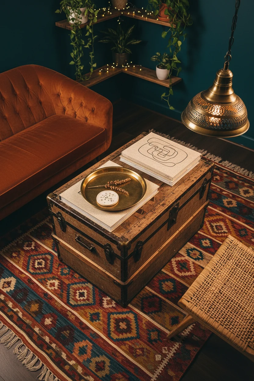 2. Photorealistic overhead detail of a vintage boho vignette: stackable trunk coffee table with hidden compartments styl