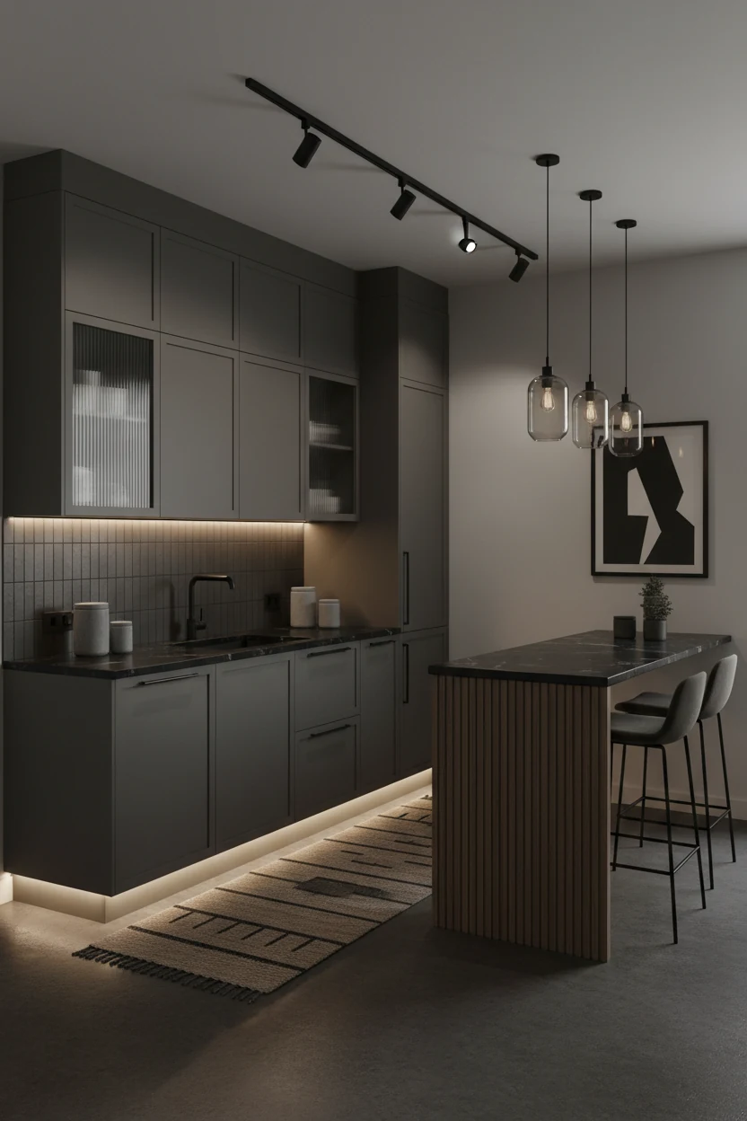 Photorealistic medium corner shot of a moody monochrome micro-loft kitchen: graphite flat-front cabinets with integrated
