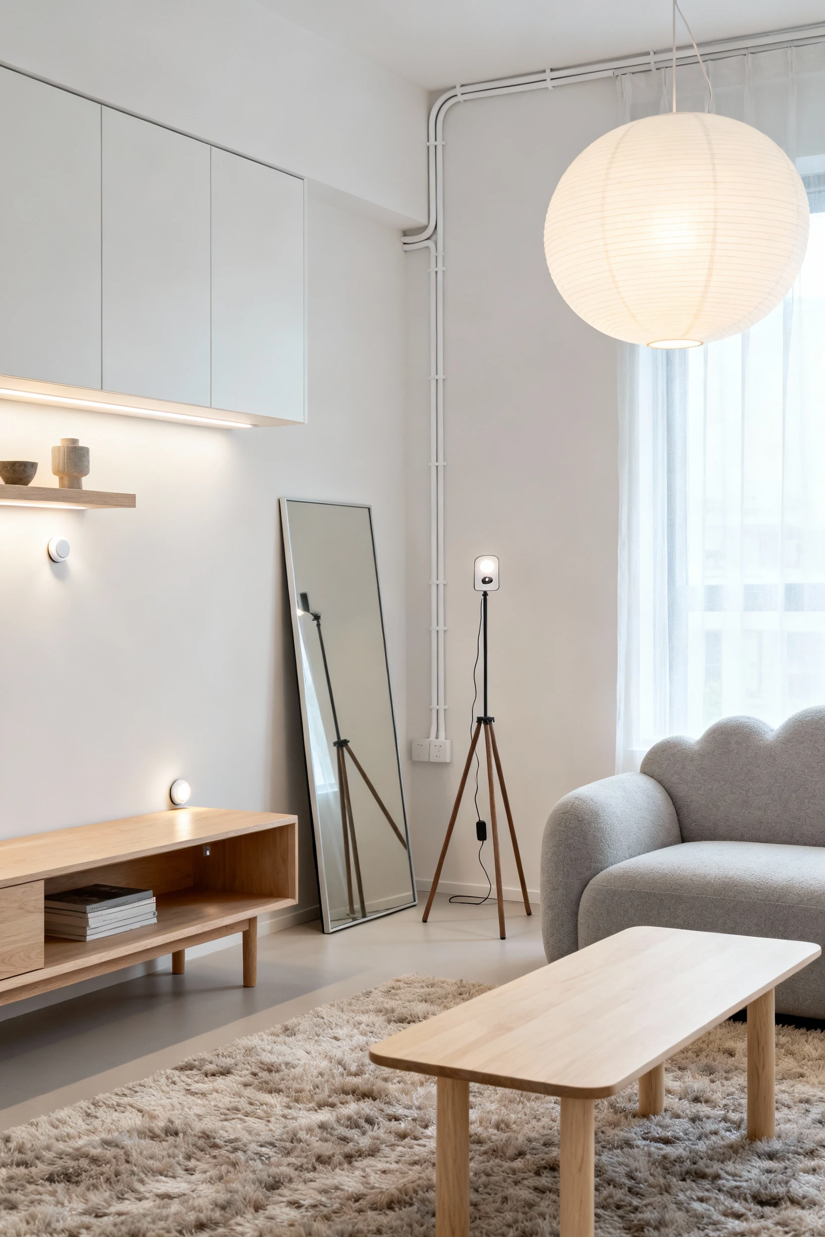 2. Corner-angle medium shot of a Nordic minimalist living room: cloudlike soft gray sofa, pale ash accents, low bleached