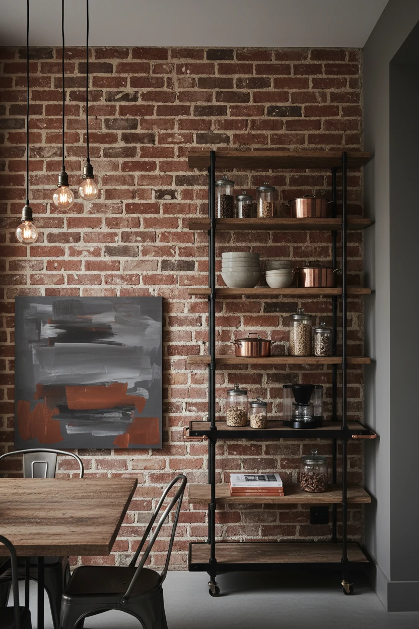 Medium shot of an industrial loft-style kitchen nook with exposed red brick wall, freestanding black steel shelves with 