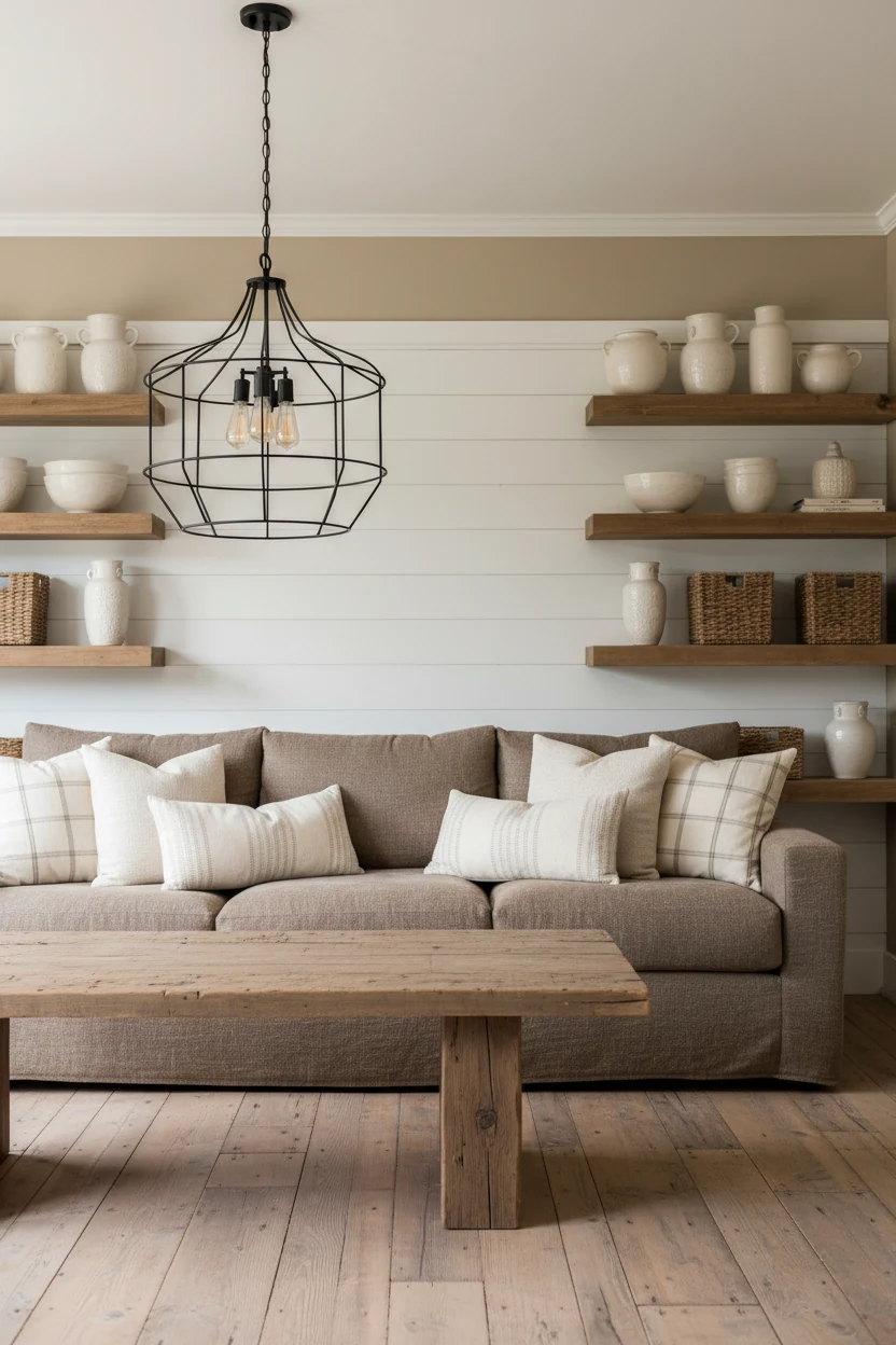 Medium shot of a modern farmhouse seating area with beige walls, distressed wood flooring, deep oatmeal-colored sofa ado