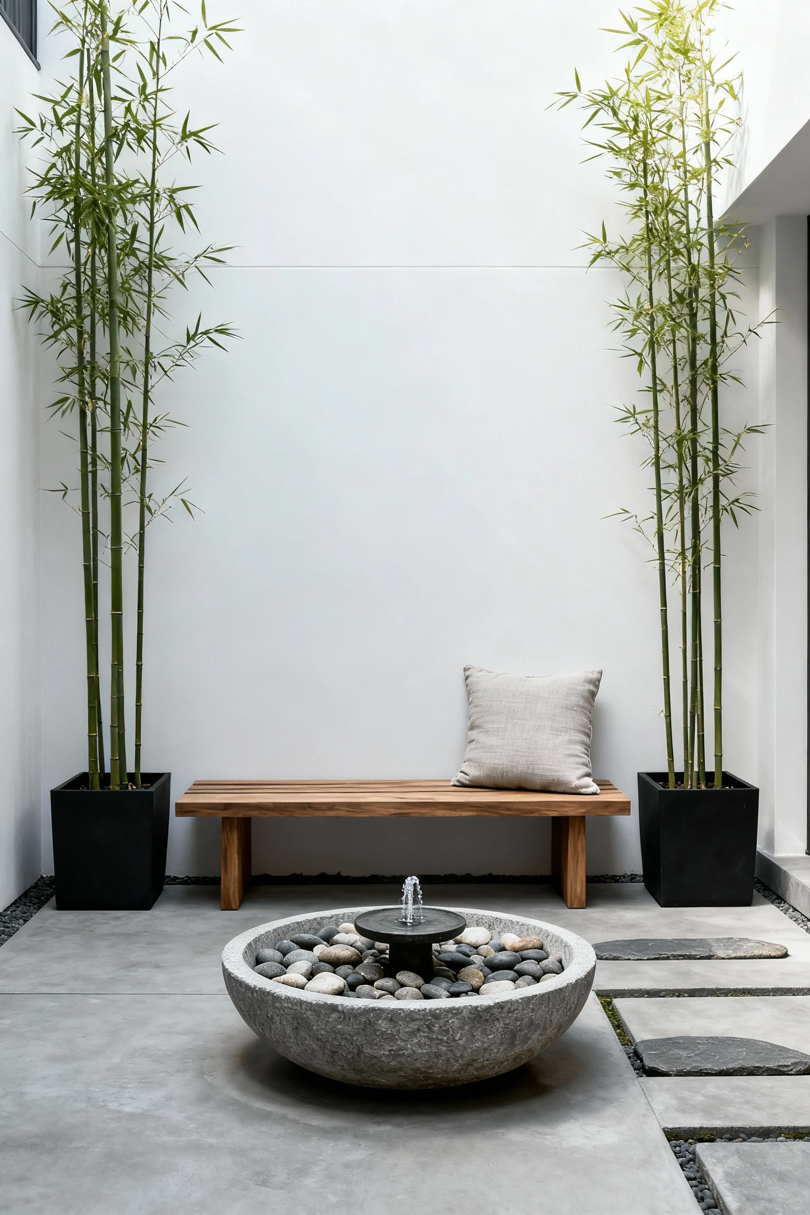 A medium shot of a minimalist zen patio corner with a calm palette of cool greys and soft whites, a low-profile teak ben