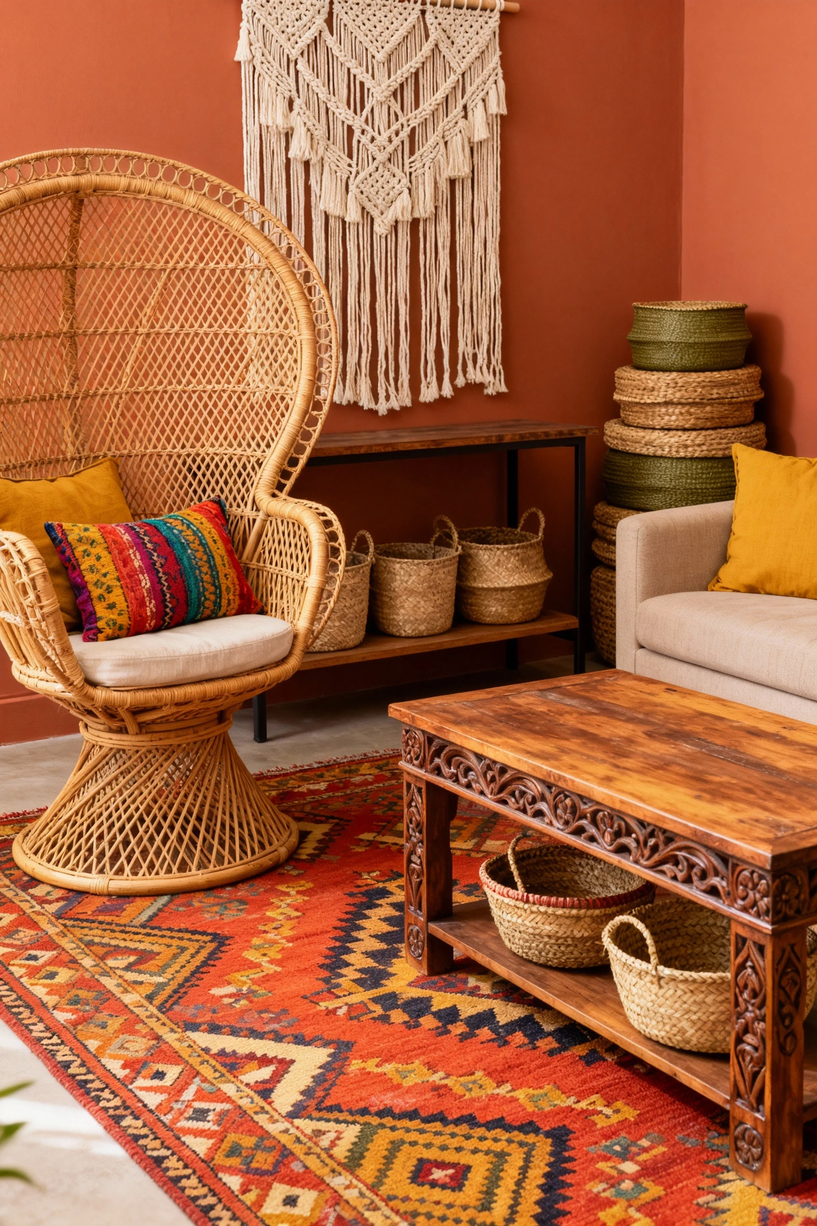 Medium shot of a bohemian-inspired living room corner featuring a vibrant patterned rug, rattan armchair with colorful p