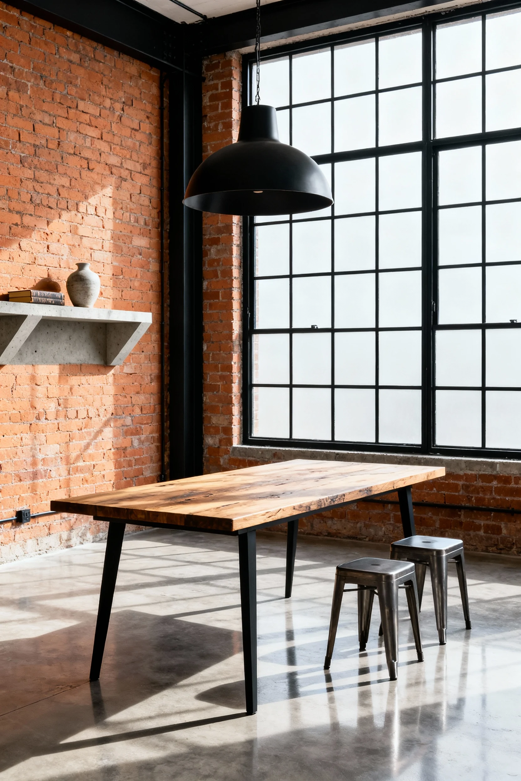 Medium shot of an industrial-chic loft corner showcasing exposed brick walls, large black metal grid windows pouring in 