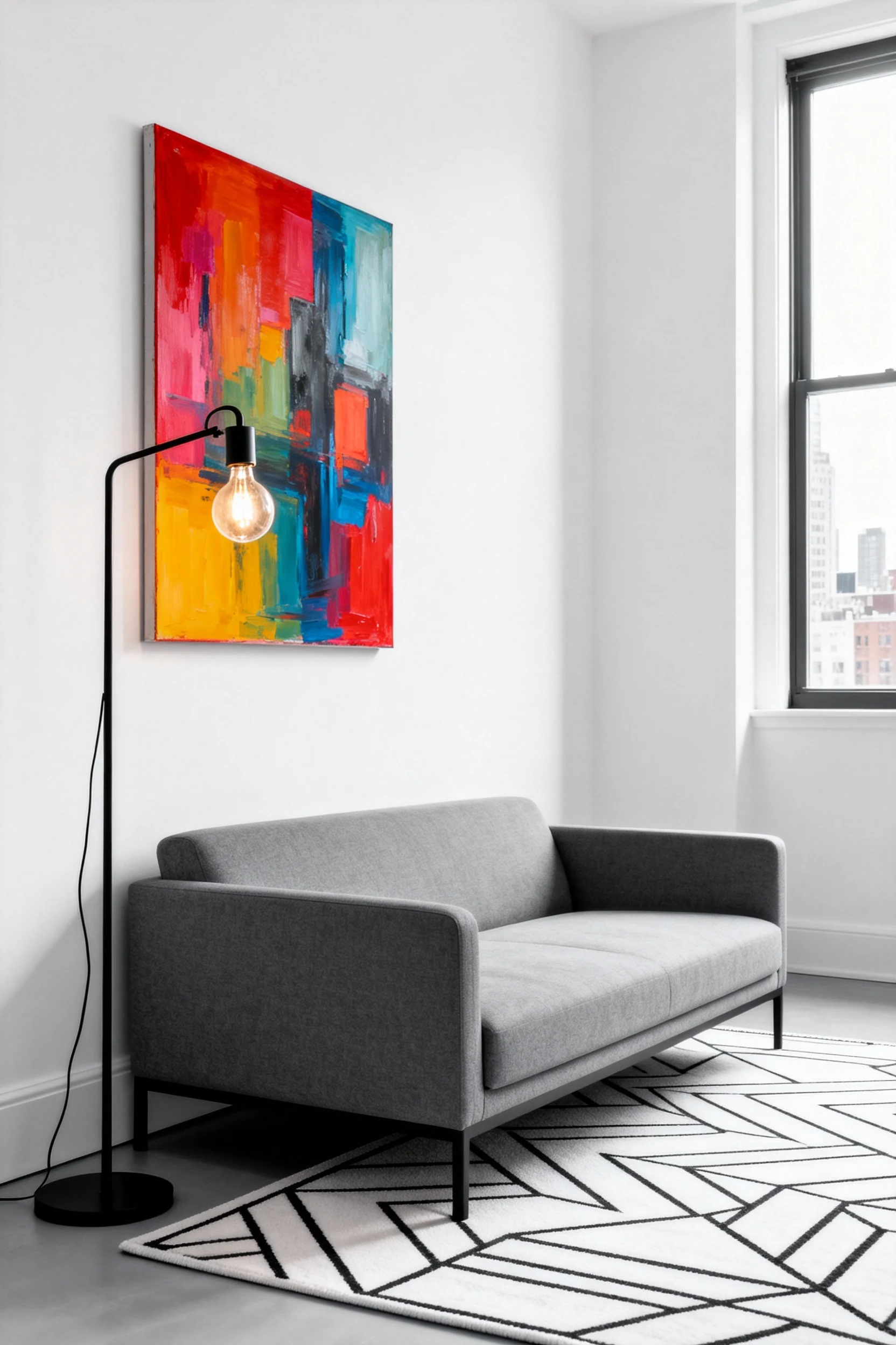 Straight-on medium shot of a minimalist city apartment corner featuring a low-profile gray sofa, a sleek black metal flo