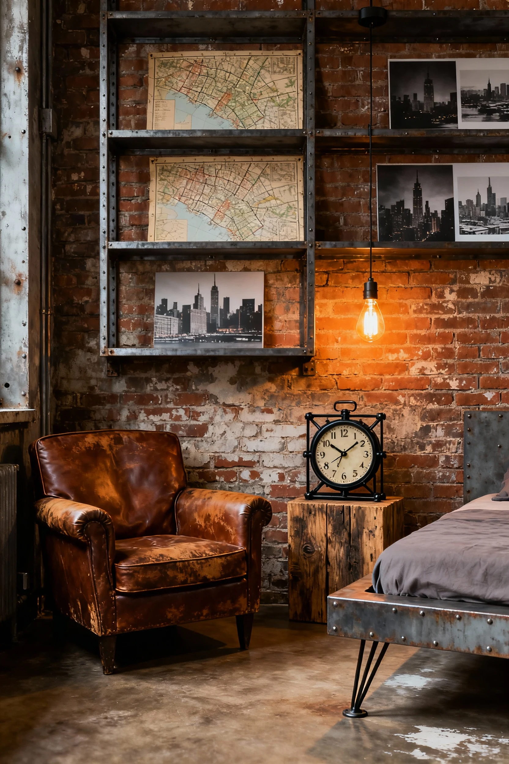 Medium shot of an Urban Industrial Loft nook featuring exposed brick walls, weathered steel shelving stocked with vintag
