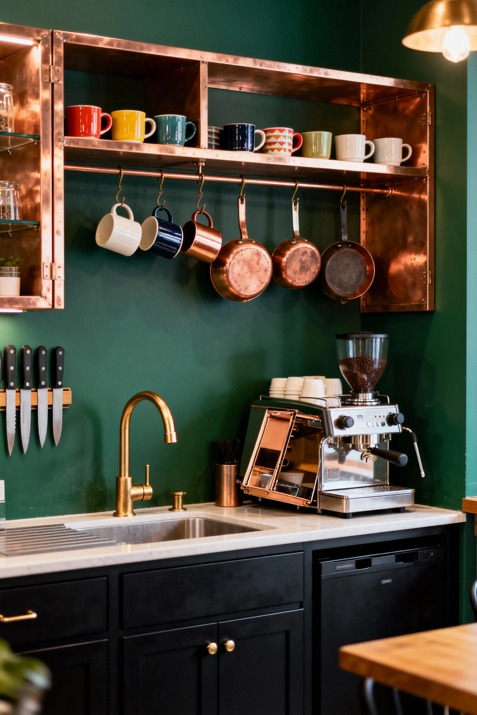 Photorealistic medium straight-on view of an urban bistro small kitchen sink wall: matte black lower cabinets, deep emer