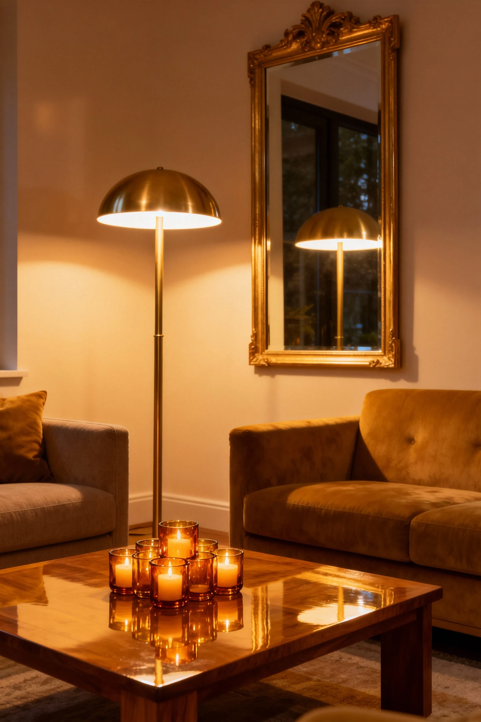 Medium shot of a cozy lounge corner with a brass floor lamp casting diffused warm light, a golden-framed mirror reflecti