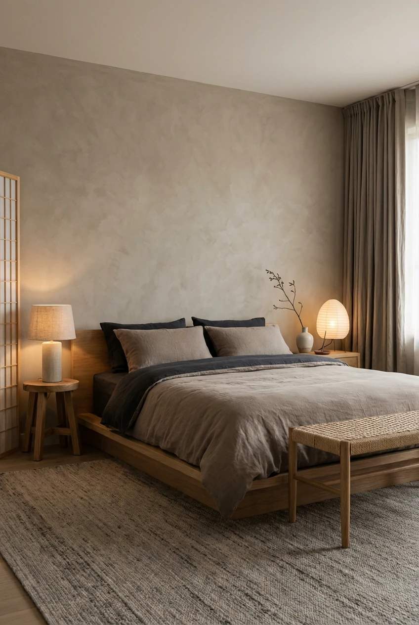2. Medium straight-on shot of a Japandi bedroom: low natural-oak platform bed with stone-washed linen bedding in warm ta